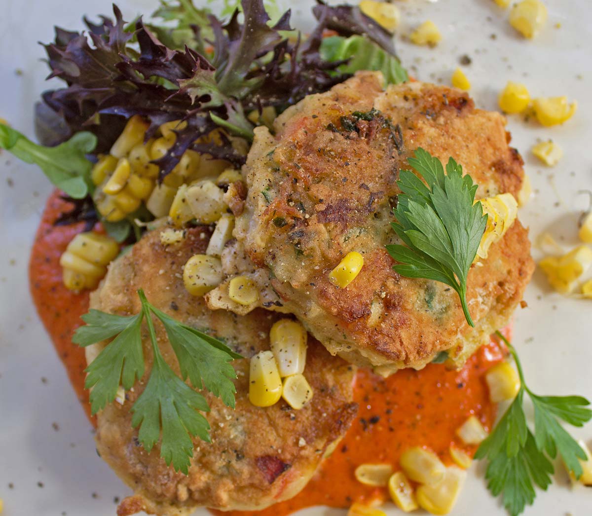 Crab Cakes with Summer Corn & Roasted Red Bell Pepper Pesto Armanino Foodservice